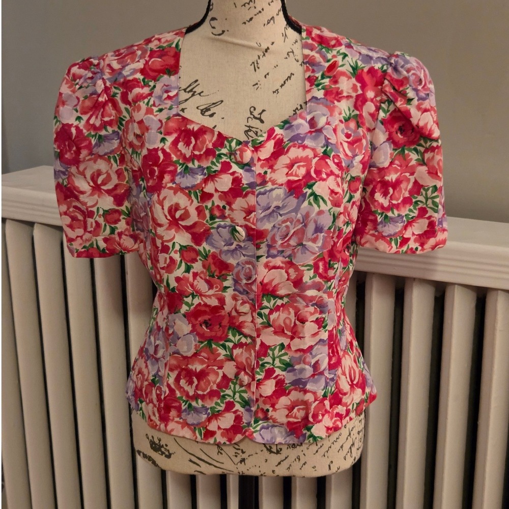 Vintage 90s Eagle's Eye Floral Cottagecore Peplum Blouse Rayon Linen Size S